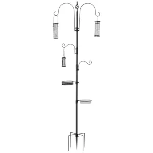 Fågelmatningsstationsset Av Stål, Höjd 208 Cm, Inklusive 4 Krokar, Fågelbad, Utfodringsplatta, Komplett Foderpelare, Fågelmatarstation, Svart 1