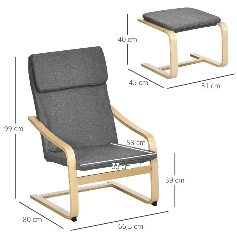 Fåtölj Med Fotpall, Fåtöljset, Linnelook, Massivt Trä, Grått + Natur 3