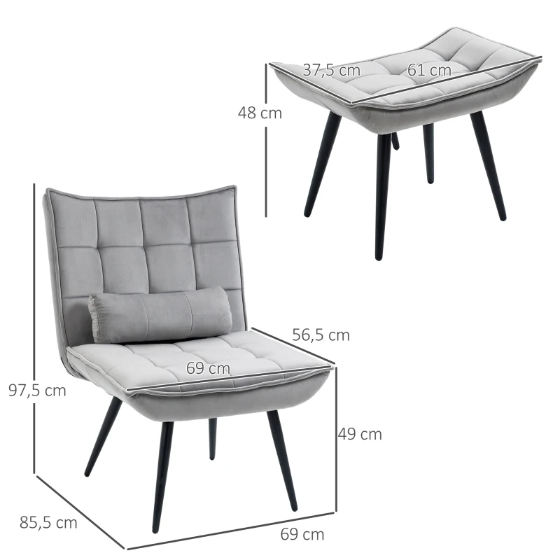 Fåtölj Med Ottoman, Accent Chair Set, Relax Chair Med Fotstöd, Grå + Svart 3