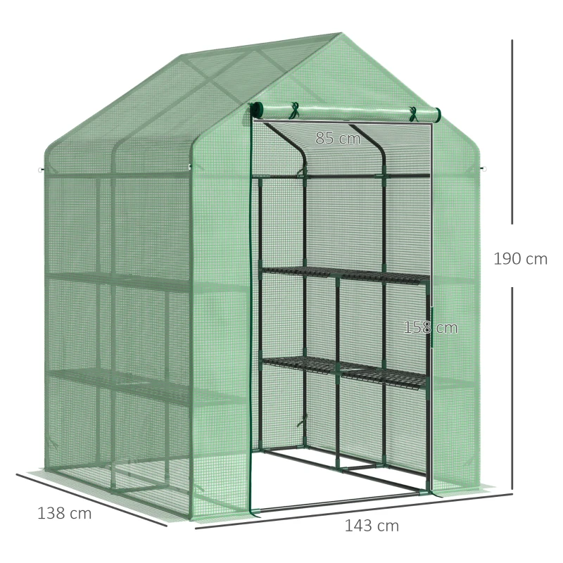 Folieväxthus, Walk-in Växthus Med 8 Hyllplan, Tomatväxthus, Växthus, Frukostbädd Med Dörr, Grön, Stål, PE Plast, 143 X 138 X 195 Cm 3