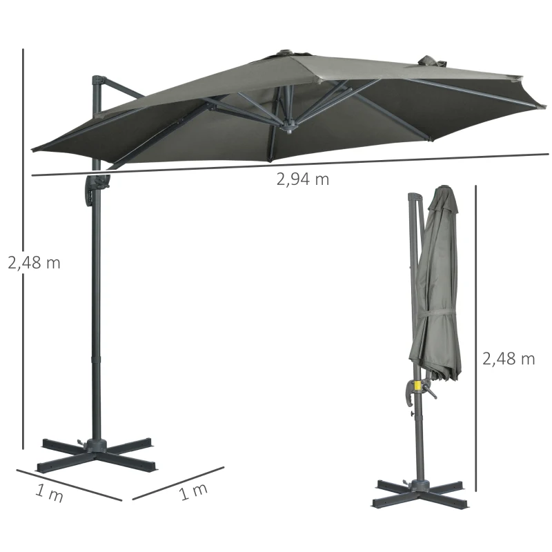 Fribärande Parasoll Trädgårdsparaply, Inklusive Korsfot, Väderbeständig, 294 Cm X 248 Cm, Grå 3