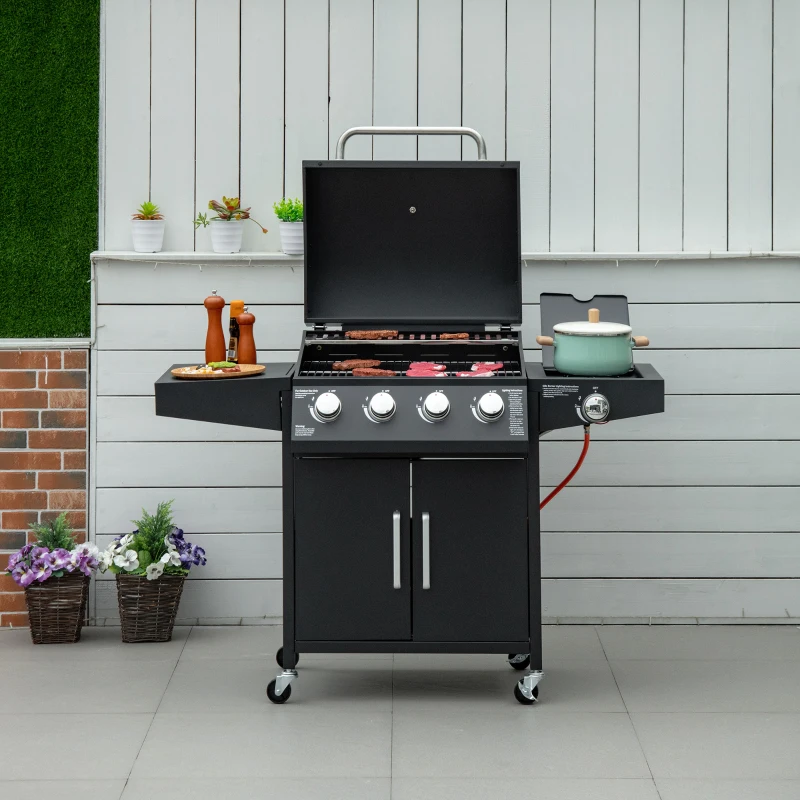 Gasgrill BBQ Med 3 Brännare, 3 Kw Vardera, Mobil Grillvagn Med 4 Hjul, Grillnät, Sidobord, Tryckreducerare, Slangar, Skåp, Multifunktion, Stål, Svart, 132,4 Cm X 55 Cm X 109 Cm 2