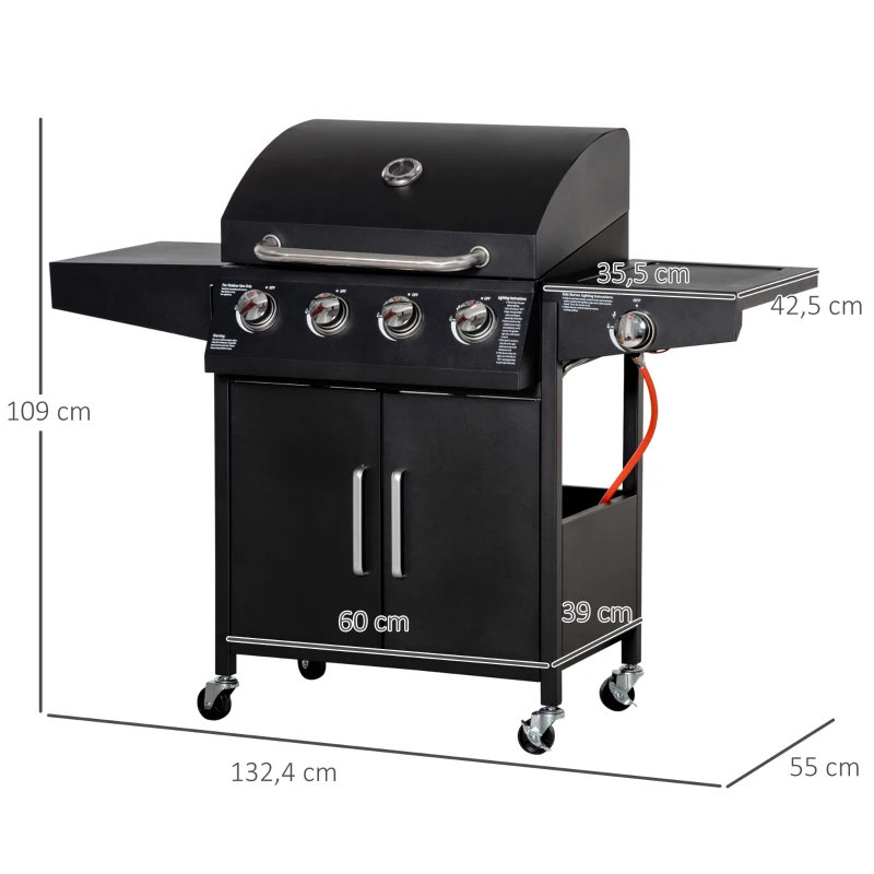 Gasgrill BBQ Med 3 Brännare, 3 Kw Vardera, Mobil Grillvagn Med 4 Hjul, Grillnät, Sidobord, Tryckreducerare, Slangar, Skåp, Multifunktion, Stål, Svart, 132,4 Cm X 55 Cm X 109 Cm 3