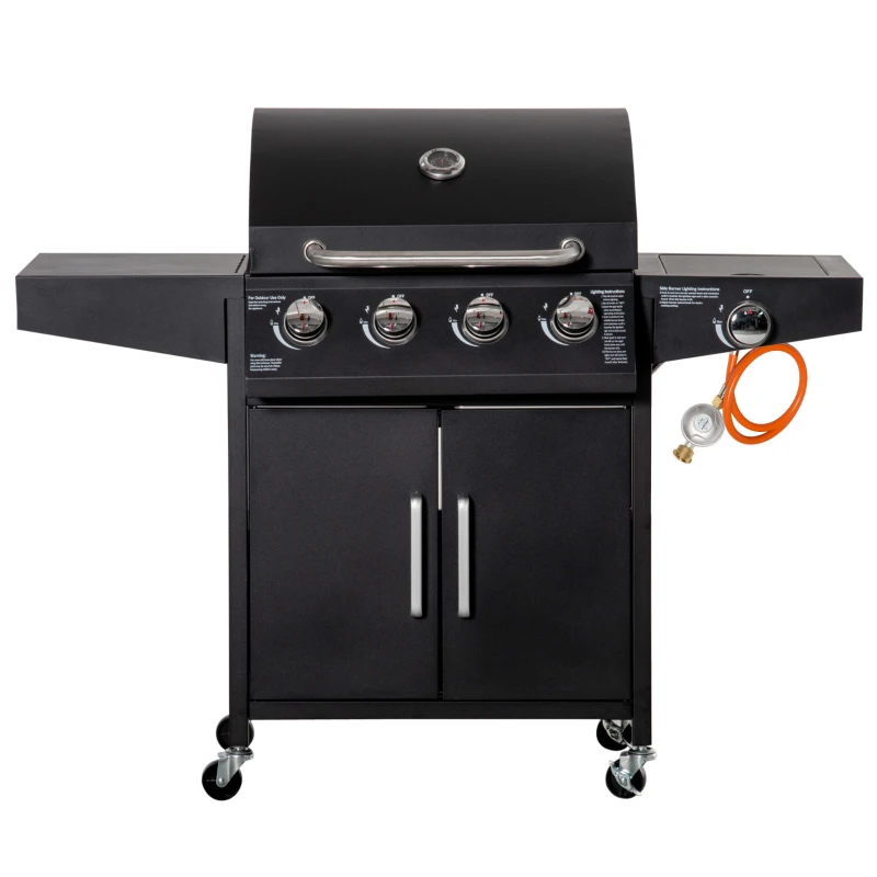 Gasgrill BBQ Med 3 Brännare, 3 Kw Vardera, Mobil Grillvagn Med 4 Hjul, Grillnät, Sidobord, Tryckreducerare, Slangar, Skåp, Multifunktion, Stål, Svart, 132,4 Cm X 55 Cm X 109 Cm 1