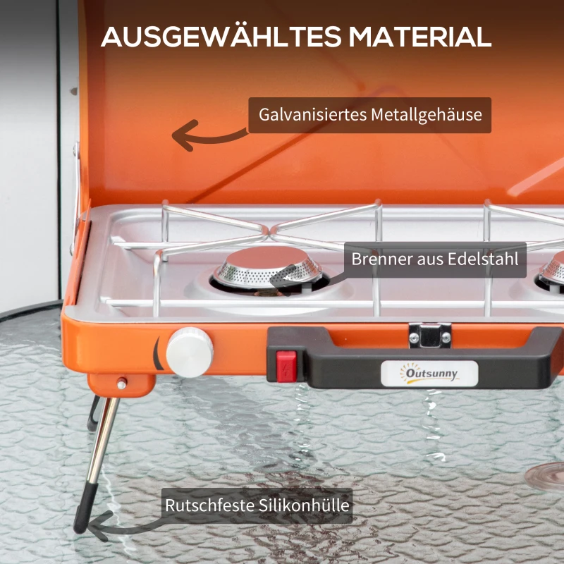 Gasgrill, Campinggrill, Två Brännare, Lock, Fällbara Ben, Stål, Orange, 46,5 X 33,5 X 17,4 Cm 6