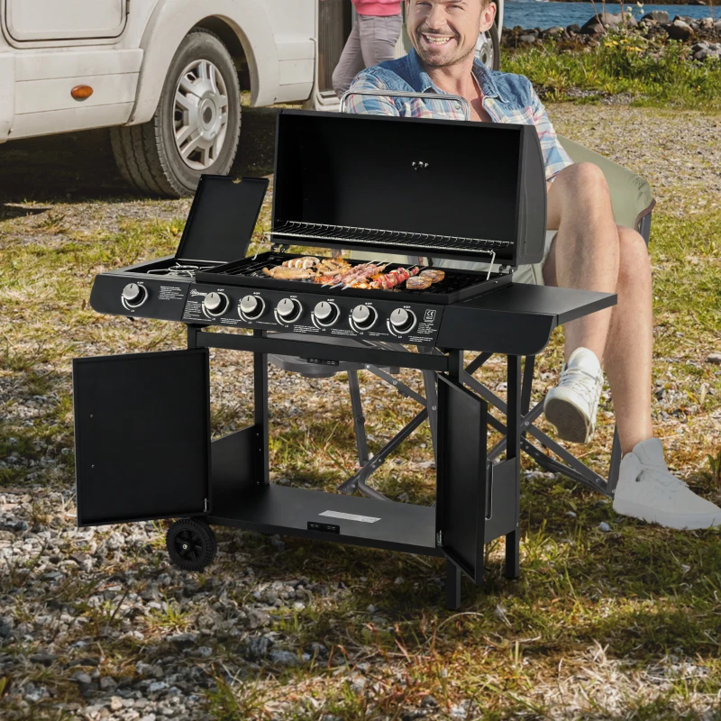 Gasgrill Med 7 Brännare, Inklusive Termometer, BBQ Grill, Mobil Grill, Svart 2