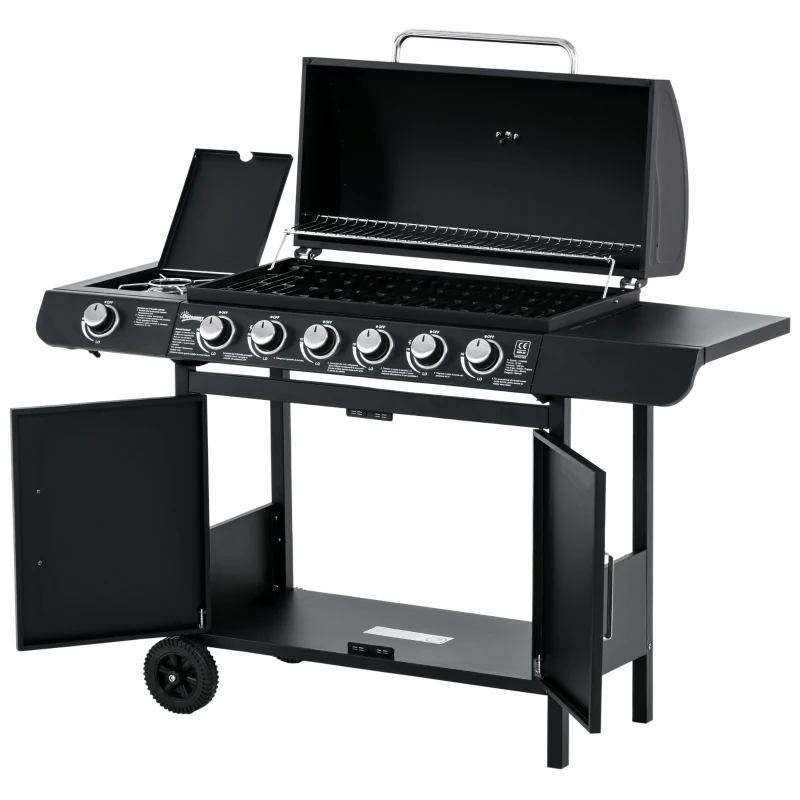 Gasgrill Med 7 Brännare, Inklusive Termometer, BBQ Grill, Mobil Grill, Svart 11