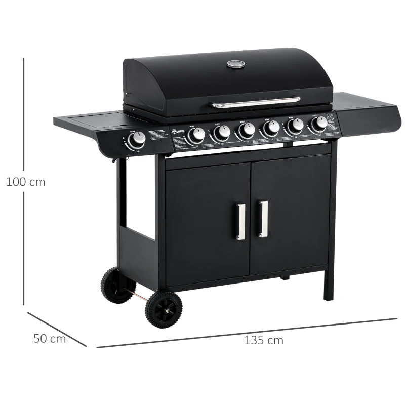 Gasgrill Med 7 Brännare, Inklusive Termometer, BBQ Grill, Mobil Grill, Svart 3