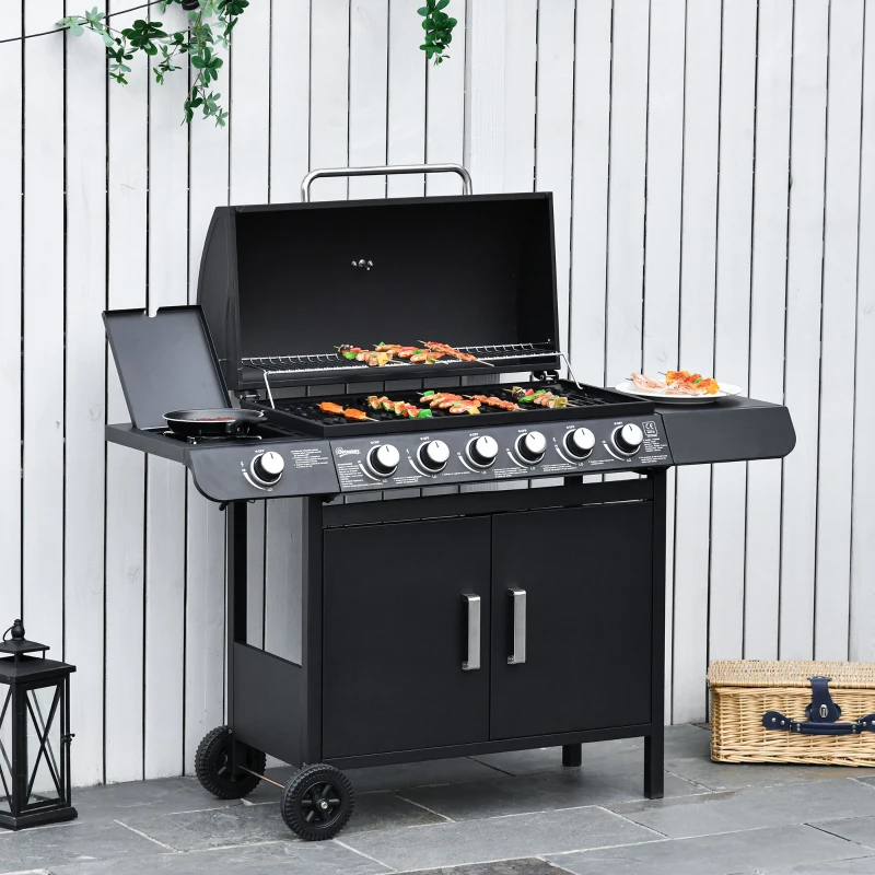 Gasgrill Med 7 Brännare, Inklusive Termometer, BBQ Grill, Mobil Grill, Svart 10