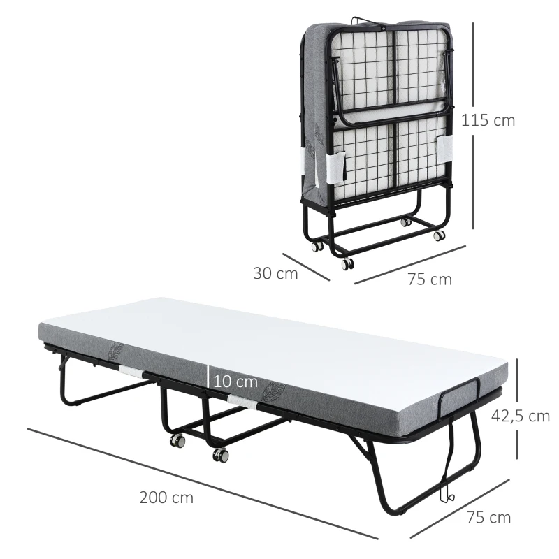 Gästsäng Hopfällbar Säng Med Hjul Stål + Skum Vit + Svart 200 X 80 X 42,5 Cm 3