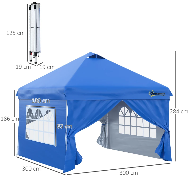 Gazebo 3x3m Hopfällbar Paviljong 4 Sidoväggar Med Fönsterdörr Markeringstält Trädgårdstält Pop-up Paviljong Inkl Pinnar Killrep Bärväska Metall Oxford Blå 3