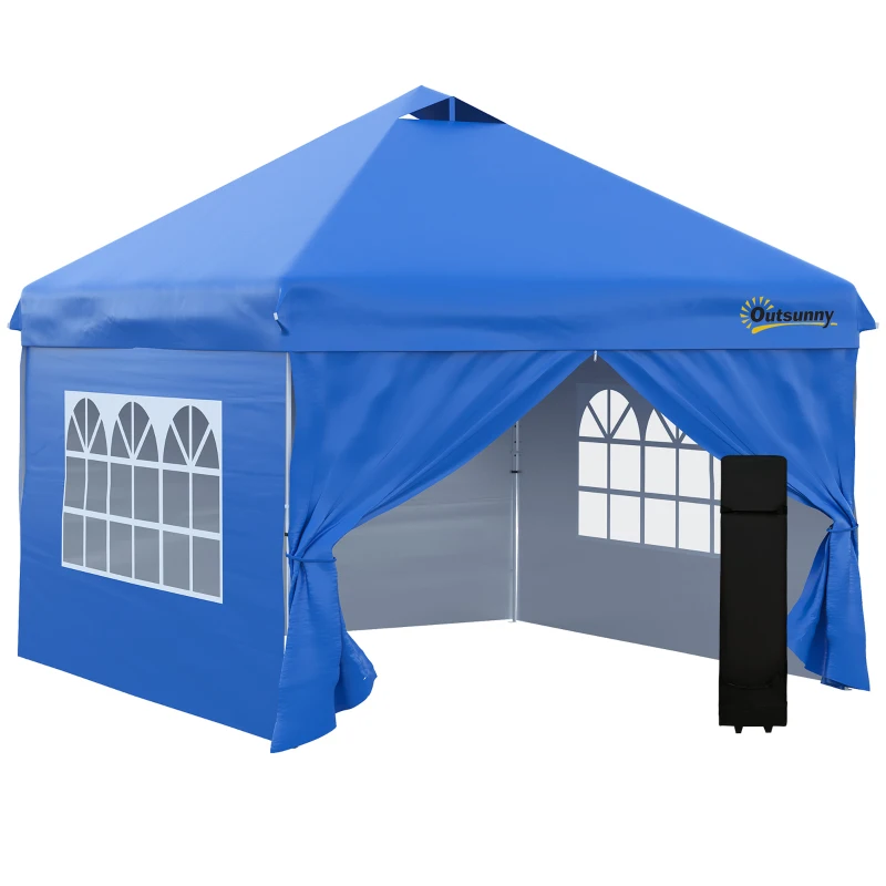 Gazebo 3x3m Hopfällbar Paviljong 4 Sidoväggar Med Fönsterdörr Markeringstält Trädgårdstält Pop-up Paviljong Inkl Pinnar Killrep Bärväska Metall Oxford Blå 1