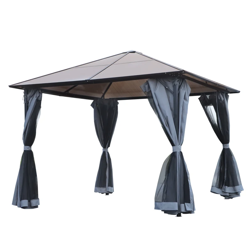 Gazebo Med Polykarbonattak, Gardiner Med Flugnät, Aluminiumram, Mörkgrå, 3 X 3 M 10