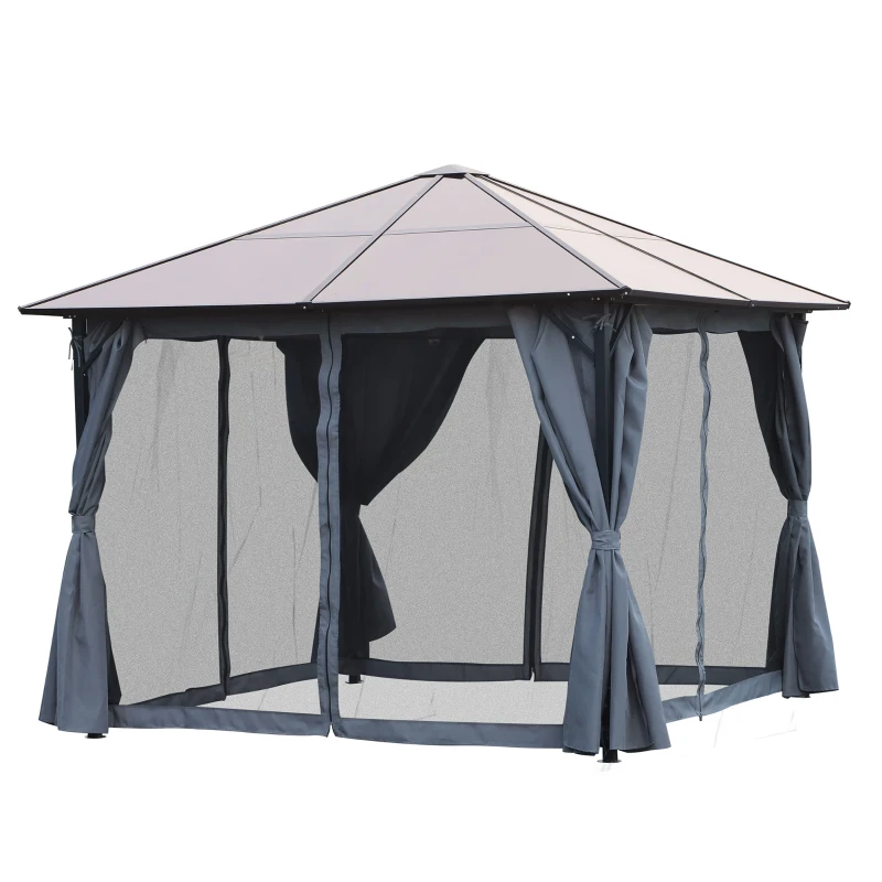 Gazebo Med Polykarbonattak, Gardiner Med Flugnät, Aluminiumram, Mörkgrå, 3 X 3 M 1