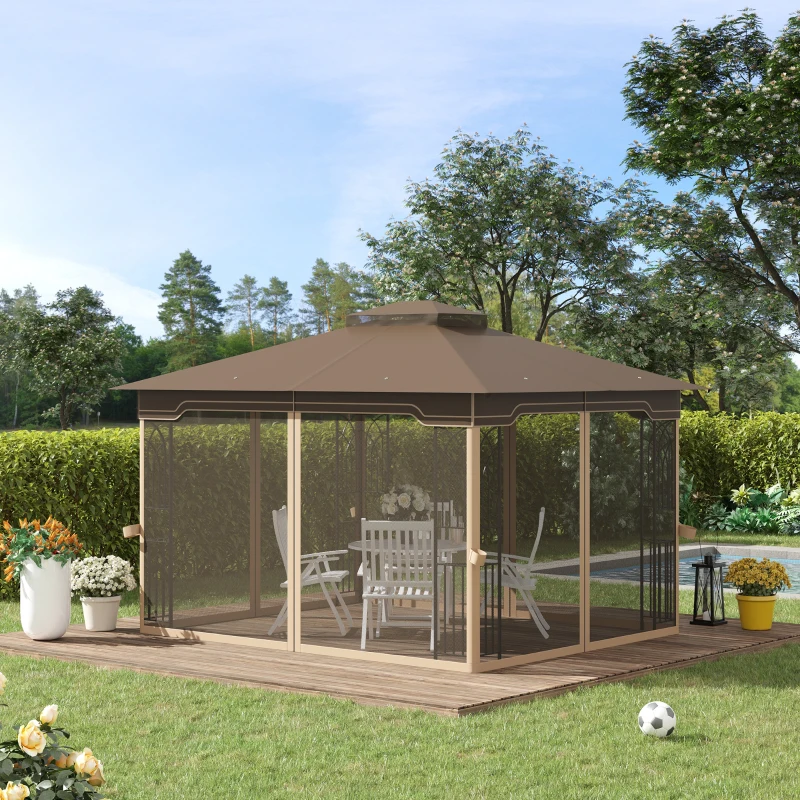 Gazebo Trädgårdspaviljong 3,65 X 3 M Trädgårdstält Tält Partytält Med 4 X Myggnät Andas Dubbeltak Metall Polyester Brun + Beige 2