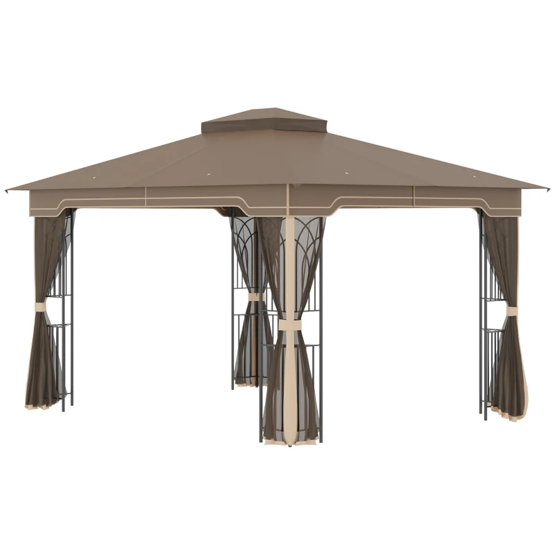 Gazebo Trädgårdspaviljong 3,65 X 3 M Trädgårdstält Tält Partytält Med 4 X Myggnät Andas Dubbeltak Metall Polyester Brun + Beige 11