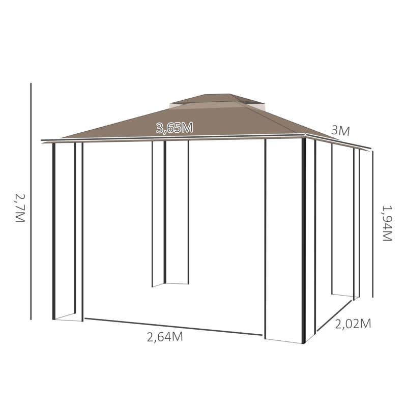 Gazebo Trädgårdspaviljong 3,65 X 3 M Trädgårdstält Tält Partytält Med 4 X Myggnät Andas Dubbeltak Metall Polyester Brun + Beige 3