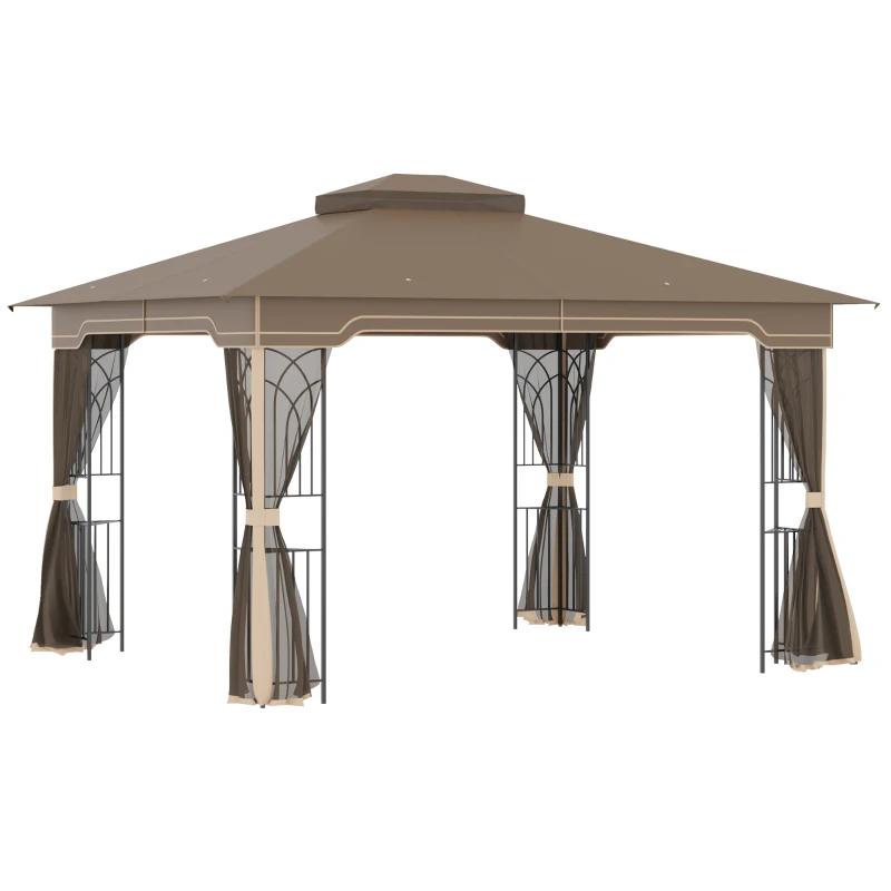 Gazebo Trädgårdspaviljong 3,65 X 3 M Trädgårdstält Tält Partytält Med 4 X Myggnät Andas Dubbeltak Metall Polyester Brun + Beige 1