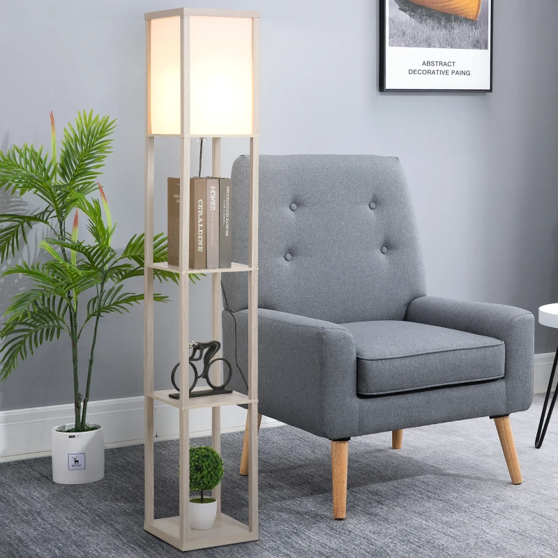 Golvlampa Golvlampa Med 3 Hyllplan Interiörbelysning E27 Upp Till 40W För Vardagsrum/sovrum E1-MDF, Akryl Ek + Vit 26 X 26 X 160 Cm 2