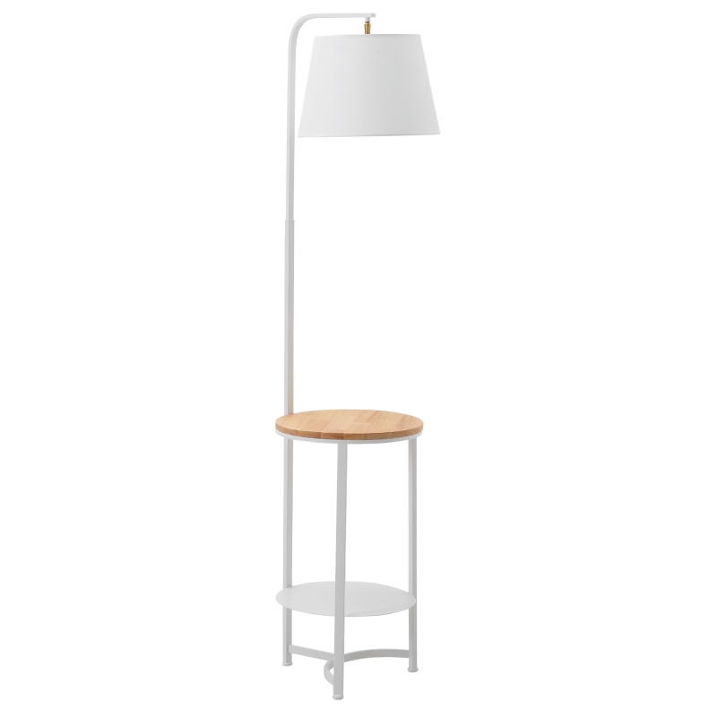 Golvlampa Golvlampa Sidobord Med 2 Hyllor Interiörbelysning E27 För Vardagsrum Sovrum Kontor Metall Trä Terylentyg Vit 38 X 36 X 162 Cm 1