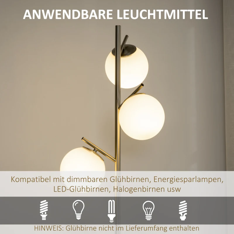 Golvlampa Med 3 Lampskärmar I Glas, E 27, Fotkontakt, Silver + Vit 5