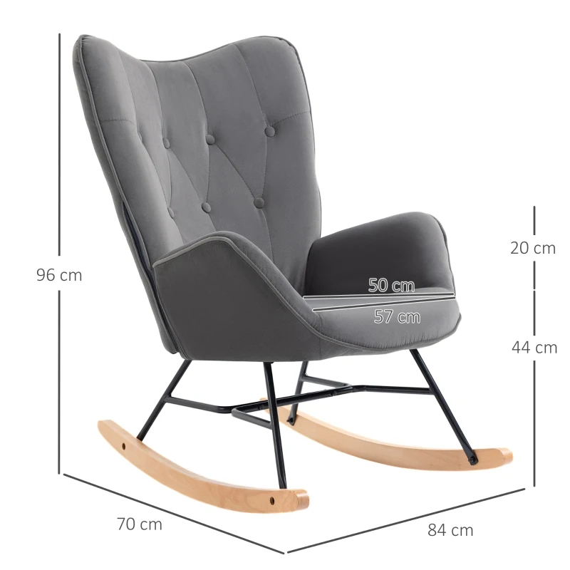 Gungstol Med Stålram Stoppad Relaxstol Fåtölj Stol Vardagsrum Fåtölj Lounge Med Vadderad Sits Sammetsliknande Polyestergummiträ Metall Mörkgrå + Naturlig 84 X 70 X 96 Cm 3