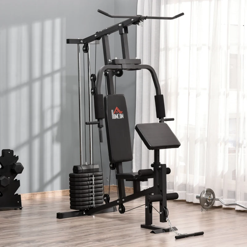 Gym Kraftstation Fitnessstation Multigym Fitnesscenter Fitnessmaskin Inkl Vikter Med Rullstoppning Stål Konstläder Svart 148 X 108 X 207 Cm 2