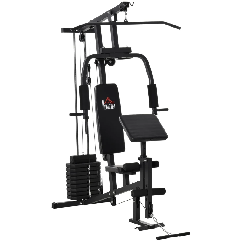 Gym Kraftstation Fitnessstation Multigym Fitnesscenter Fitnessmaskin Inkl Vikter Med Rullstoppning Stål Konstläder Svart 148 X 108 X 207 Cm 1