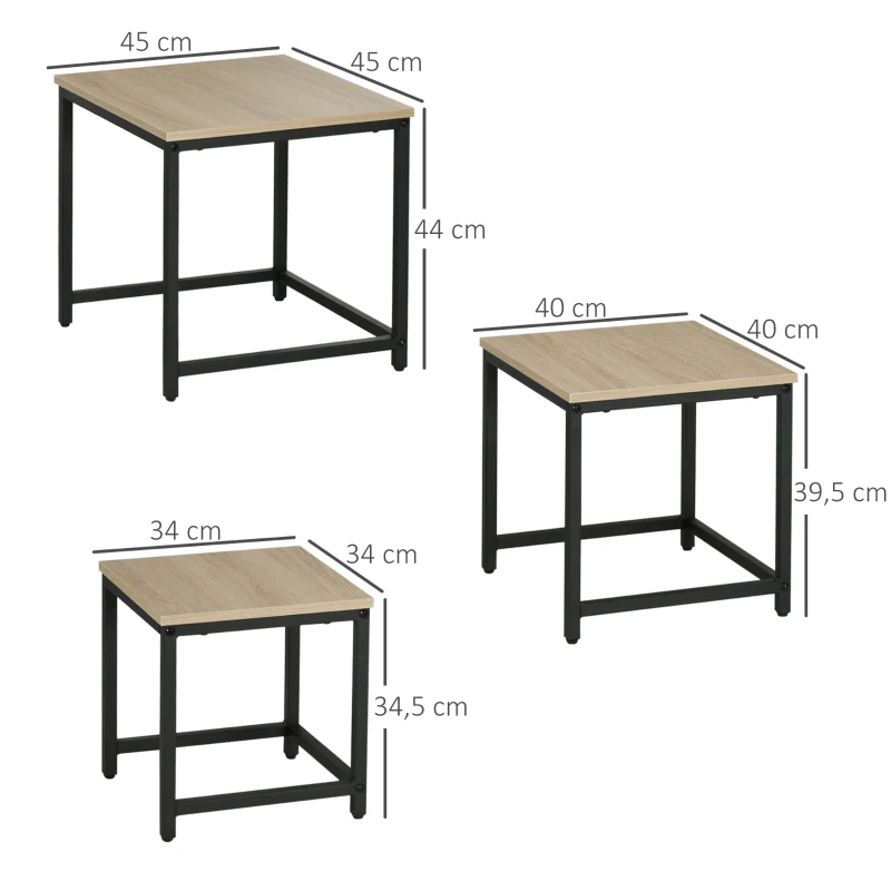 Häckande Bordsset Med 3 Sidobord, Industriell Design, Svart Stålstomme, Bordsskiva I Trälook 3