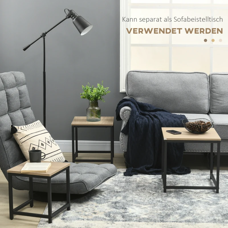 Häckande Bordsset Med 3 Sidobord, Industriell Design, Svart Stålstomme, Bordsskiva I Trälook 6