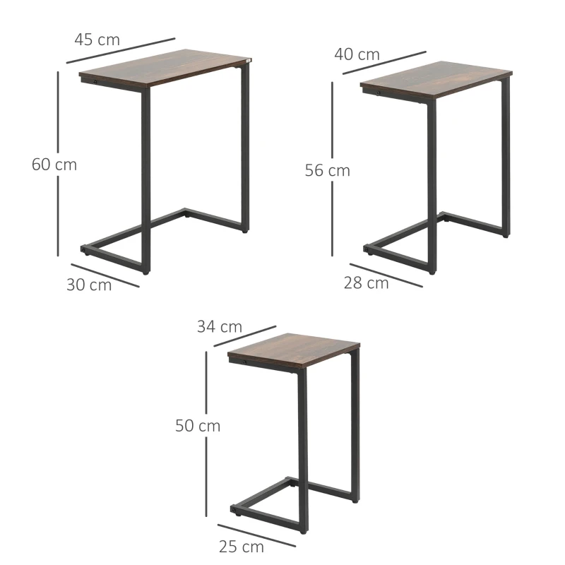 Häckningsbord, Sidobord, Set Om 3, Industriell Design, Stålstomme, Brun+svart, 45 X 30 X 60cm 3