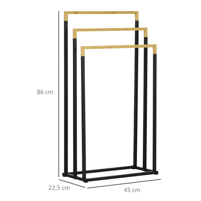 Handdukshängare Set Med 3 Handdukstorkar, Industriell Design, Bambu, 45 X 22,5 X 86 Cm, Svart + Natur 3