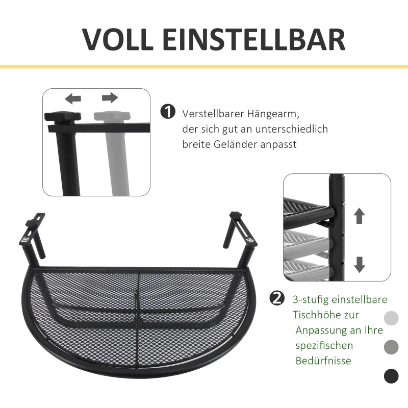 Hängbord Med Balkong, Trädgårdsbord, Höj- Och Sänkbart, Halvcirkelformat, 30 Cm, Terrass, Metall, Vit, L60 X B45 X H50 Cm 4