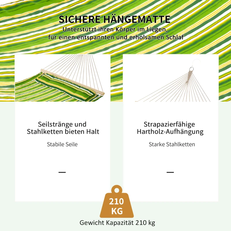 Hängmatta För 2 Personer Med Kudde Utomhus För Resande Camping 240g/bomull Lastkapacitet Upp Till 180 Kg Grönrandig 188 X 140 Cm 4