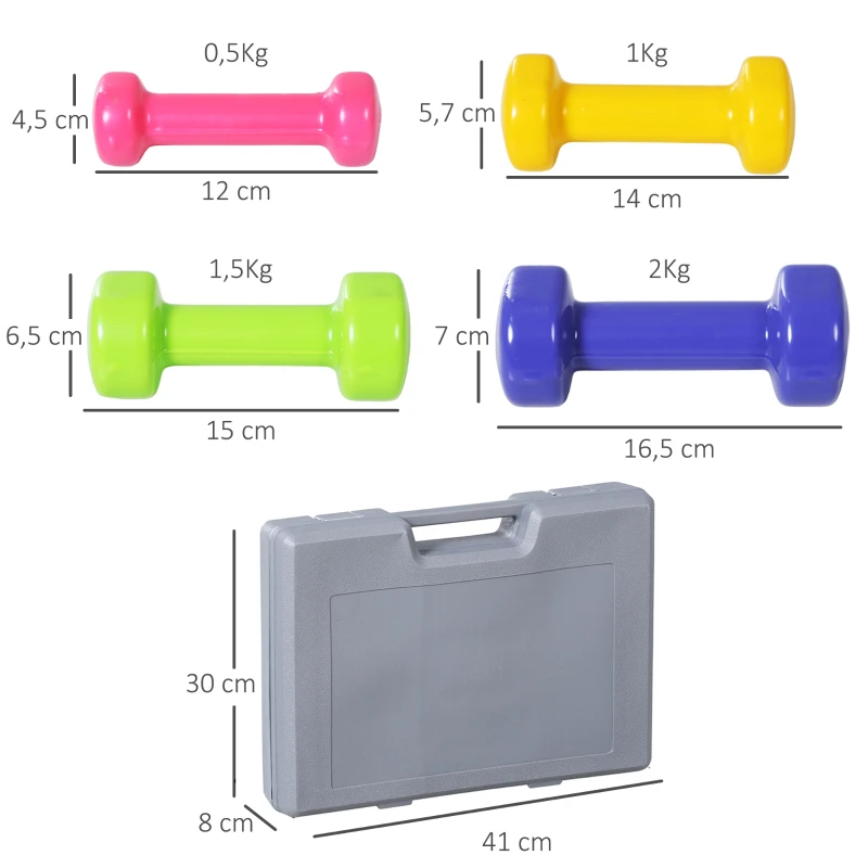 Hantelset 4 Par Hantlar Med Fodral 0,5 Kg/1 Kg/1,5 Kg/2 Kg Järn + Plast Röd Gul Grön Lila 3