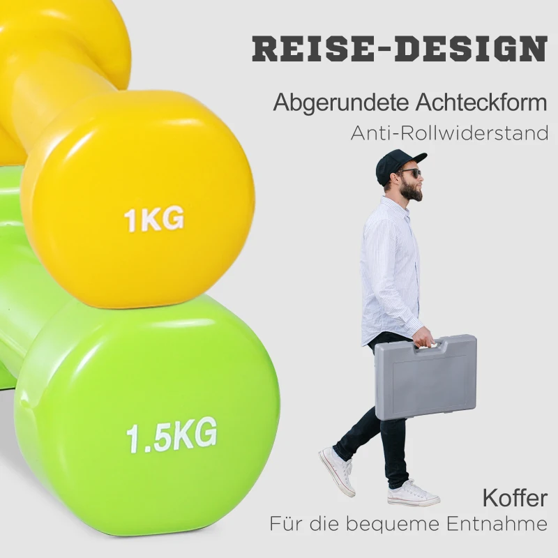 Hantelset 4 Par Hantlar Med Fodral 0,5 Kg/1 Kg/1,5 Kg/2 Kg Järn + Plast Röd Gul Grön Lila 6