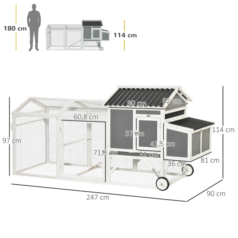 Hönshus Hönshus Med Holk Hönsvoljär Med Hjul Och Handtag Höns Fjäderfähus Vintertät Gran Trä PVC Grå + Vit 247 X 90 X 114 Cm 3
