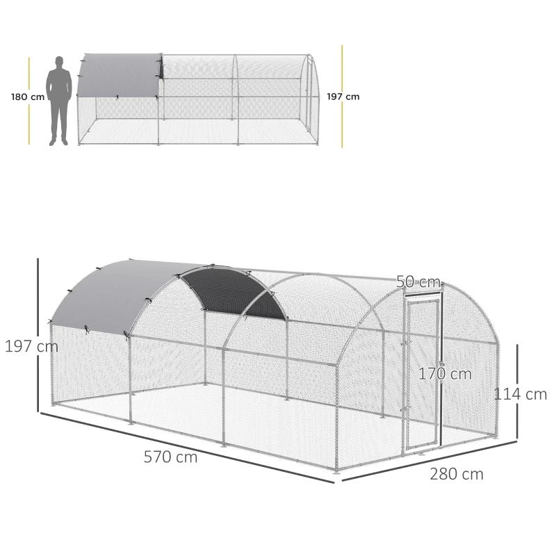 Hönshus Husdjursbur XXL 280 X 570 X 197 Cm Utomhusfjäderfähus För Hönsbur Med Skärmtak Slotts Utomhusinhägnad För 12-18 Kycklingar Anka Kanin Zinkstål 3