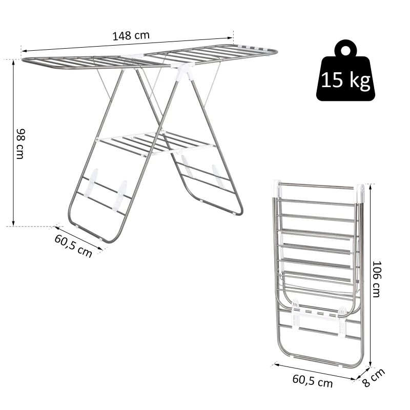 Hopfällbar Torktumlare, Bärbar Vingtork, Stativtork Med Teleskopstänger, Rostfritt Stål, Plast, Silver, Vit, 146 X 60,5 X 98 Cm 3