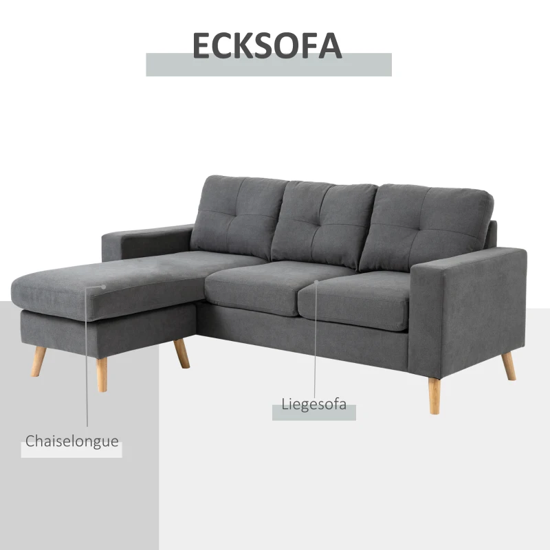 Hörnsoffa I Scandi Design, Med Knappsömmar, Massivt Trä, Linnelook, Grå 6