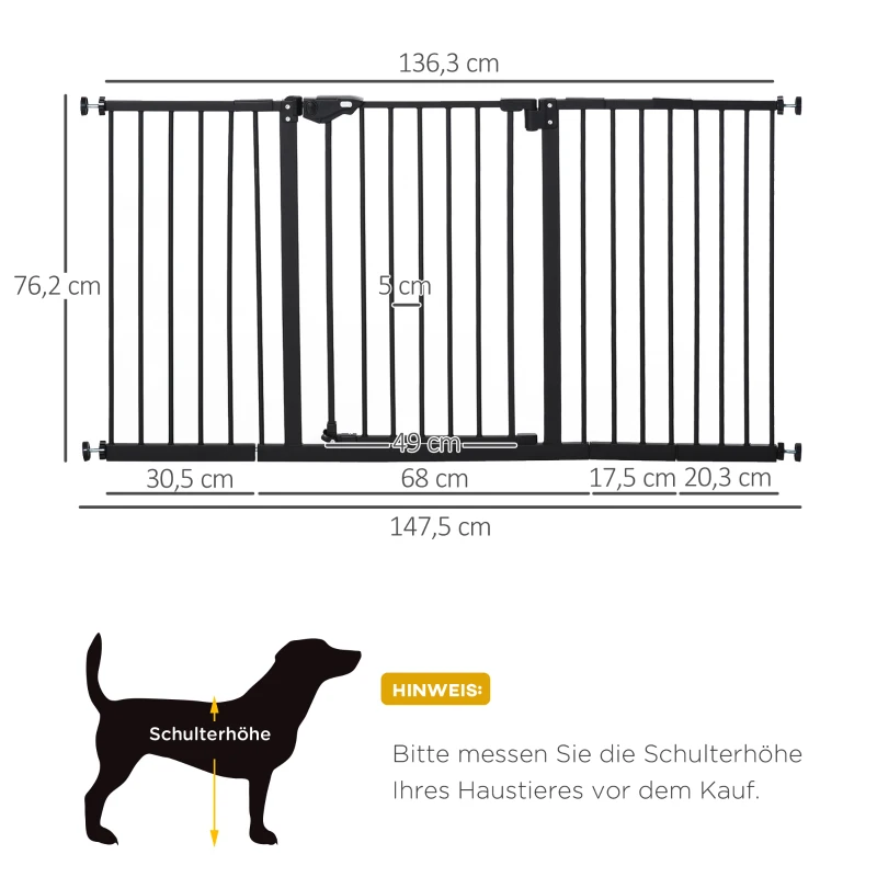 Hundgrind, Spärrgrind, Skyddsgrind För Husdjur, 74-147,5 Cm, Hundgrind Inklusive 3 Olika Förlängningar, Trappgrind Utan Borrning, Metall, Plast, Svart 3