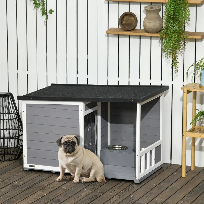 Hundkennel I Massivt Trä Med 2 Matskålar, Veranda, Väderbeständig, 103 Cm X 62 Cm X 66 Cm, Grå + Vit 2