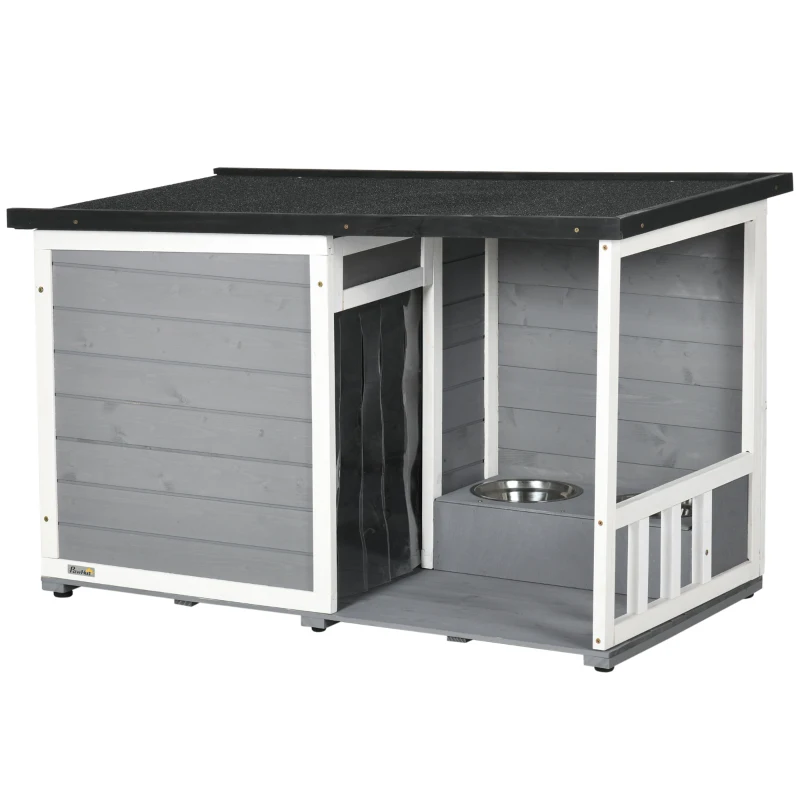 Hundkennel I Massivt Trä Med 2 Matskålar, Veranda, Väderbeständig, 103 Cm X 62 Cm X 66 Cm, Grå + Vit 1