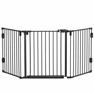 Hundspärr Dörrvakt Pet Guard Justerbar Hopfällbar öppen Spisgrind Med Automatisk Stängningsdörr 3 Paneler För Ugn Väggmonterad/Fristående Svart 202,5 ​​x 76 Cm 1