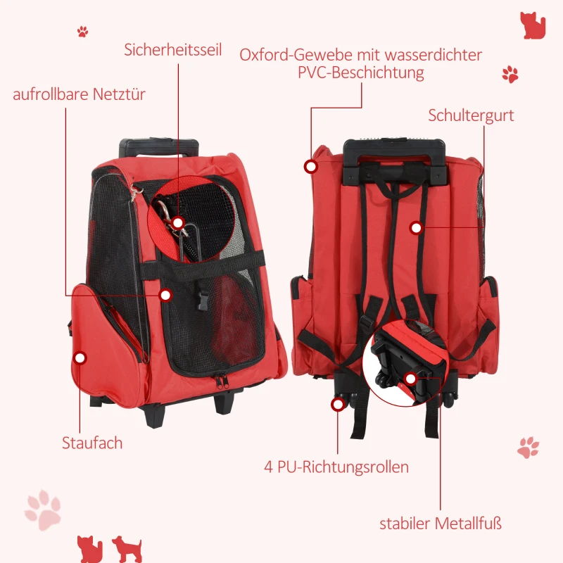 Hundtransportväska, Husdjursryggsäck, 2 I 1 Design, Utdragbart Handtag, Sidofickor, Röd, 42 X 25 X 55 Cm 6