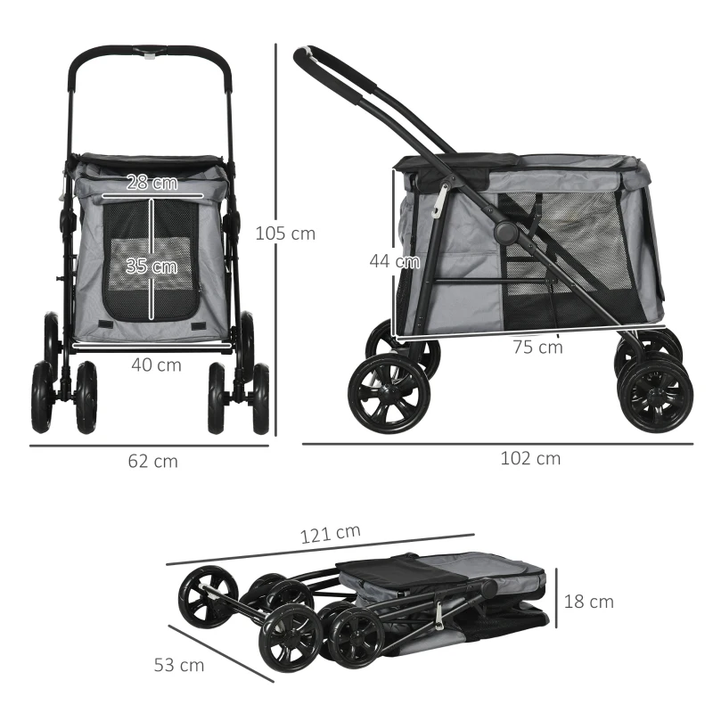 Hundvagn Inklusive Dyna, 3 Sidfickor, Hopfällbar, Hundvagn, 102 Cm X 62 Cm X 105 Cm, Grå 3