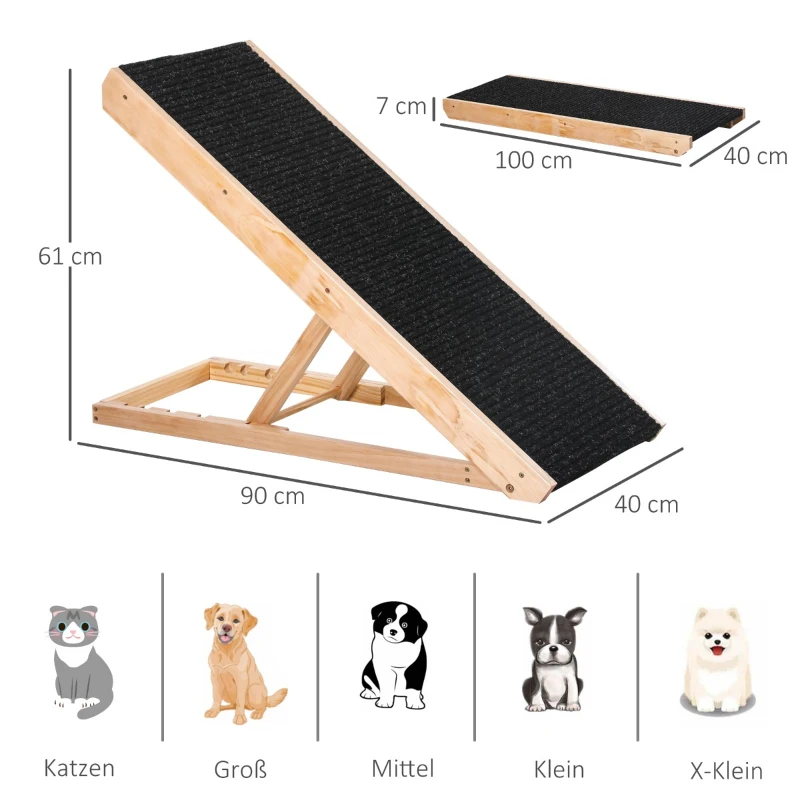 Husdjursramp Med Halkfri Matta Justerbar Pet Stege Hundaramp För Stor Hund Furu Polyester Svart + Naturträ 90W X 40D X 61H Cm 3