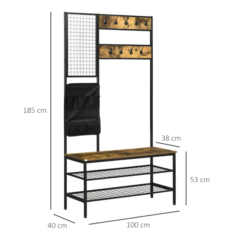 Industriell Design Garderob, 1 Anteckningstavla, 1 Skobänk, 8 Klädkrokar, 1 Förvaringsväska, Svart + Brun 3