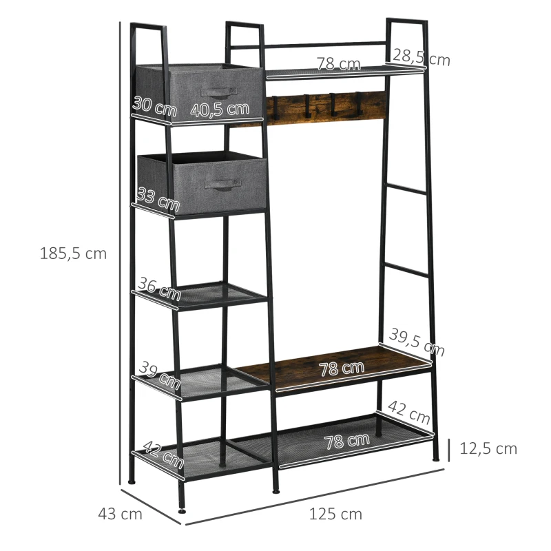 Industriell Design Klädstativ, 8 Hyllor, 5 Klädkrokar, 1 Skobänk, 2 Lådor, Grå + Brun 3