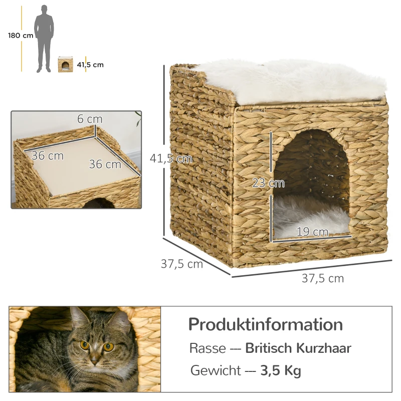 Kattgrotta Gjord Av Vattenhyacintgräs, 2 Liggytor, 2 Tvättbara Kuddar, Natur + Vit 3